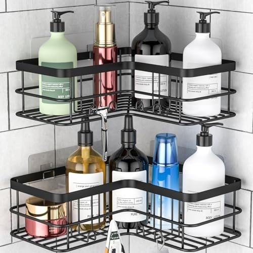 YAZONI corner shower caddy 2-pack made of rustproof stainless steel with open grid drainage design.