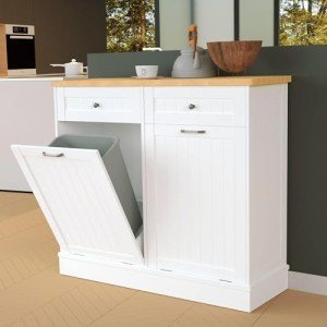 Betterhood Tilt Out Trash Cabinet 10 Gallon Wooden Free Standing Laundry Sorter,Recycling with Hideaway Drawer,Tilt Out Trash Cabinet Can Bin Kitchen