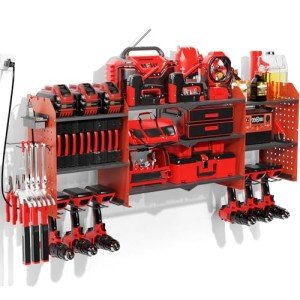 Power Tool Organizer Wall Mount with Charging Station, 45.5" Expanded Garage Wall Tool Organizer with 4 Pegboard Hooks, 6.5FT Outlet Power Strip, Large Garage Storage Rack for Impact Wrenches