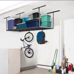 FLEXIMOUNTS 4x8 Overhead Garage Storage Rack, Adjustable Garage Storage Organization Systerm, Heavy Duty Metal Garage Ceiling Storage Racks, 600lbs Weight Capacity, Black