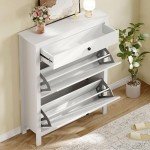 Slim White Shoe Cabinet with Adjustable Flip Drawers