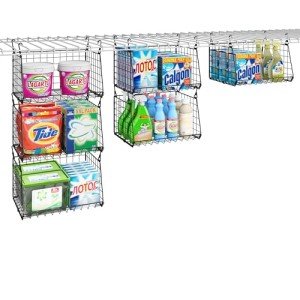 3-Pack Hanging Laundry Room Organizaton：Foldable Laundry Basket Wire Basket with 360°Rotating Hooks Space Saving Over Washer and Dryer Shelves - Laundry Organization and Storage, Black Patent