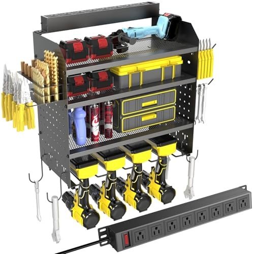 Drill holder wall mount with 8-outlet charging station for heavy duty pegboard tool organization