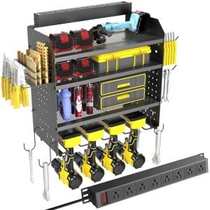 Drill Holder Wall Mount with 8-Outlet Charging Station, 190lbs Load 4 Layers Carbon Steel Heavy-Duty Power Tool Organizer Wall Mount for Garage & Workshop, 4 Drill Holders, Modular Pegboard Rack
