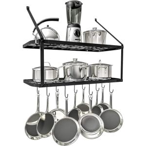 Vdomus Hanging Pot and Pan Organizer - Rustproof Wall Mounted Rack for Kitchen Storage - Durable, Thick Iron Material - 2-Tier Shelf with 10 Hooks for Utensils - Wall Mounted Black Pot Rack