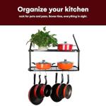 Vdomus Hanging Pot and Pan Organizer - Rustproof Wall Mounted Rack for Kitchen Storage - Durable, Thick Iron Material - 2-Tier Shelf with 10 Hooks for Utensils - Wall Mounted Black Pot Rack