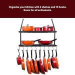 Vdomus Hanging Pot and Pan Organizer - Rustproof Wall Mounted Rack for Kitchen Storage - Durable, Thick Iron Material - 2-Tier Shelf with 10 Hooks for Utensils - Wall Mounted Black Pot Rack