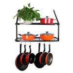 Vdomus Hanging Pot and Pan Organizer - Rustproof Wall Mounted Rack for Kitchen Storage - Durable, Thick Iron Material - 2-Tier Shelf with 10 Hooks for Utensils - Wall Mounted Black Pot Rack