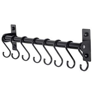 Dseap Kitchen Utensil Holder Hanger, Pot and Pan Rack Wall Mounted, Kitchen Rail with 8 Hooks for Hanging Cooking Utensils, Mugs, Spoons, Wall Mounted, Black