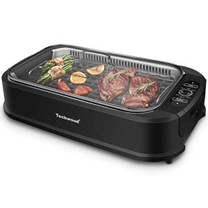 Techwood 1500W Smokeless Indoor Electric Grill with Non-Stick Plates and Tempered Glass Lid - Korean Grill with Temperature Control