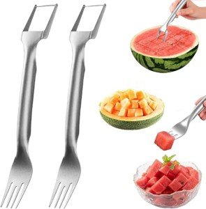 Watermelon Cutter,2-in-1 Stainless Steel Fruit Cutter, 2024 New Upgrade Dual Head Watermelon Fork Slicer Tool, Summer Fruit Cutting Home Kitchen Gadgets (2Pcs)