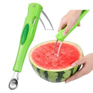OLESBUR Premium Watermelon Cutter - 3 in 1 Watermelon Cutter Slicer Tool - Foldable Watermelon Slicer - Fruit Cutter for Kitchen Gadgets - Stainless Steel Watermelon Knife - Melon Baller Scoop