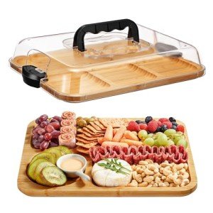 Kootek Charcuterie Board with Locking Lid, Bamboo Cheese Tray, Portable Cutting Serving Set with Clear Cover Compartments Handle for Travel, Snacks, Kitchen, Picnics
