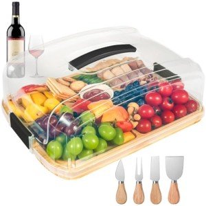 Portable Travel Charcuterie Board with Lid, Bamboo Cheese Charcuterie Board with Cover, Covered Traveling Charcuterie Board Box Gift Set Serving Tray to Go 6 Compartments for Party Beach Picnic Snack