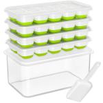 DOQAUS Ice Cube Tray with Lid and Bin, 4 Pack Silicone Plastic Ice Cubes Trays for Freezer with Box/Container, Stackable with Storage Iced Bucket Kits, Scoop, for Soup, Food, Cocktail, Coffee