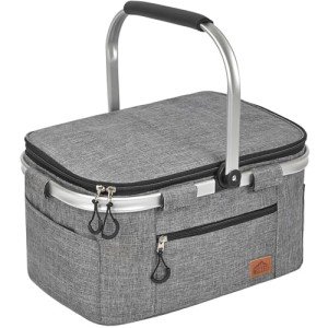 Insulated Cooler Bag Multipocket Collapsible Picnic Basket Leak-Proof Outdoor Basket for Camping Meal Delivery Shopping Travel Camping Beach Grocery Bag (Gray Medium)