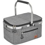 Insulated Cooler Bag Multipocket Collapsible Picnic Basket Leak-Proof Outdoor Basket for Camping Meal Delivery Shopping Travel Camping Beach Grocery Bag (Gray Medium)