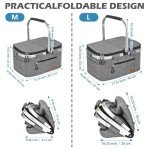 Insulated Cooler Bag Multipocket Collapsible Picnic Basket Leak-Proof Outdoor Basket for Camping Meal Delivery Shopping Travel Camping Beach Grocery Bag (Gray Medium)