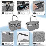 Insulated Cooler Bag Multipocket Collapsible Picnic Basket Leak-Proof Outdoor Basket for Camping Meal Delivery Shopping Travel Camping Beach Grocery Bag (Gray Medium)