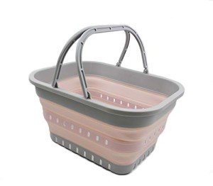 SAMMART 19L (5 Gallon) Collapsible Tub with Handle - Portable Outdoor Picnic Basket/Crater - Foldable Shopping Bag - Space Saving Storage Container (1, Grey/Pink)