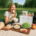 Collapsible Picnic Basket Set for 2 – Insulated Plastic Picnic Basket with Waterproof Bag & Wooden Lid, Large Capacity Stackable Storage Bin for Outdoor, Camping, Picnics, Home Organizing