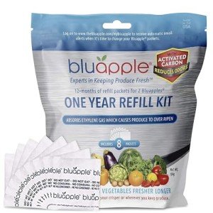 Bluapple Produce Saver Ethylene Gas Absorber 1 Year Refill Kit with Activated Carbon - 8 Packets (9 Grams Classic + 4 Grams of Carbon Each) - Keeps Fruits & Vegetables Fresher Longer, Produce Storage