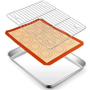 P&P CHEF Baking Oven Sheet Pan with Rack & Mat for Cookie, Stainless Steel Oven Sheet Tray Cooling Rack and Silicone Mat for Baking & Roasting, Dishwasher Safe & Healthy, 3Pcs - 12.5 Inch
