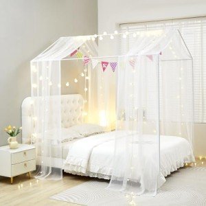 Mengersi House Bed Canopy Bed Curtains with Lights,Montessori Floor Bed Canopy for Girls Boys,Four Poster Bed Curtains House Bed Decoration (Twin/Twin XL, White)