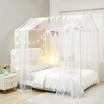 Mengersi House Bed Canopy Bed Curtains with Lights,Montessori Floor Bed Canopy for Girls Boys,Four Poster Bed Curtains House Bed Decoration (Twin/Twin XL, White)