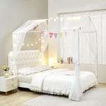 Mengersi House Bed Canopy Bed Curtains with Lights,Montessori Floor Bed Canopy for Girls Boys,Four Poster Bed Curtains House Bed Decoration (Twin/Twin XL, White)