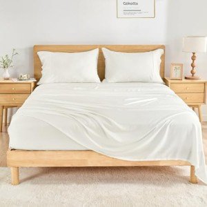 GOKOTTA Queen Size Bed Sheets 4 Piece Set, 100% Rayon Derived from Bamboo, Cooling for Hot Sleepers-Luxury Breathable Soft Sheets, Deep Pocket 16" Fitted Sheet with Elastic Corner Straps, Cream White