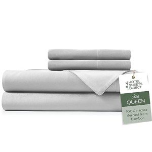 Hotel Sheets Direct 4 Piece Bed Sheet Set Queen Size, 100% Viscose Derived from Bamboo Sheets Set with 2 Pillowcases, Cooling & Breathable Luxury Bedding, Moisture-Wicking & Silky Soft Texture, Gray