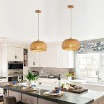 Hchunqjor Bamboo Pendant Light Fixture One-Light Adjustable Boho Basket Handmade Woven Pendant Lighting for Kitchen Island Sink Farmhouse Dining Room