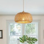 Hchunqjor Bamboo Pendant Light Fixture One-Light Adjustable Boho Basket Handmade Woven Pendant Lighting for Kitchen Island Sink Farmhouse Dining Room