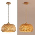 Hchunqjor Bamboo Pendant Light Fixture One-Light Adjustable Boho Basket Handmade Woven Pendant Lighting for Kitchen Island Sink Farmhouse Dining Room