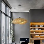 Teru Ji Kaikang Hand Woven Bamboo Pendant Light,23.62 in Bamboo Rattan Ceiling Hanging Light Hand Woven Wicker Chandelier for Living Room Kitchen Dining Room Farmhouse