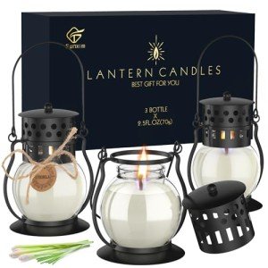 Citronella Candles Outdoor, 3PCS Scented Candles with Vintage Metal Lantern Holder, Natural Citronella Soy Wax Candle, Lemongrass Candle for Camping, Gift for Women, Mother(3x2.5oz)