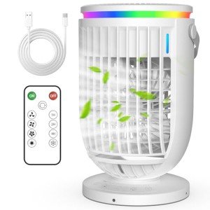 Portable Air Conditioners Fan,Portable AC Unit With 1200ML Water Tank,4-IN-1 Evaporative Air Cooler with Remote Control 7 Color Light Personal Mini Air Conditioner Portable for Room Car (White)