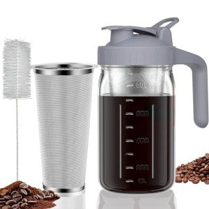 Cold Brew Coffee Maker Pitcher, 32 oz Thick Glass Mason Jar Spout Lid with Handle & Stainless Steel Filter for Iced Brew Coffee, Ice Lemonade, Sun Tea, Fruit Drinks Container