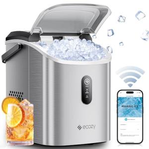 ecozy Smart Nugget Ice Maker Countertop, Portable Pebble Ice Machine with Voice Control, 33lbs/24H Soft Chewable Ice, Self-Cleaning Pellet Ice Maker with APP WiFi for Kitchen Party, Stainless Steel