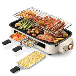 Pukomc Electric Indoor Grill,2 in 1 Indoor Grills for Kitchen with Grill Net & Non-Stick Cooking Removable Plate, Temperature Control, Dishwasher Safe, 1500W Smokeless barbecue