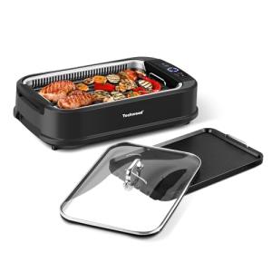 Indoor Smokeless Grill, Techwood 1500W Electric Grill with 2 in1 Nonstick Grill/Griddle Plates, Portable Korean BBQ Grill with 6-Level Control, Glass Lid, Dishwasher Safe, Double Plates, Black