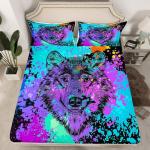 Erosebridal Wolf Bedding Set Queen Size Tie Dye Bed Cover Safari Animals Print Fitted Sheet for Kids Boys Juvenile Splash Graffiti Hip Hop Bedclothes with 2 Pillow Cases Colorful Teal Black