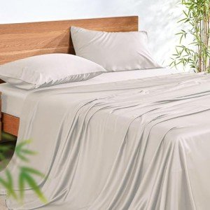 NATUREFIELD 4Pcs Sheets Set Full Size,100% Rayon Derived from Bamboo Bed Sheets Soft Breathable 1 Flat Sheet, 1 Fitted Sheet, 2 Pillowcases Beige