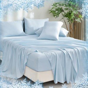 PHF 6PCS 100% Rayon Derived from Bamboo_ Sheets Set Queen Size, Cooling Sheets for Hot Sleepers, Wider Elastic Band & 16" Deep Pocket, Luxury Silky Soft Breathable Bedding Set & Pillowcase, Sky Blue