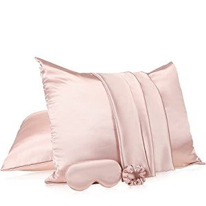 2 Pack Satin Pillowcase with Latent Zipper, Adjustable Satin Eye Mask for Sleeping and Satin Volume Scrunchie for Hair and Skin, Standard Size (Light Pink,Classic Style)