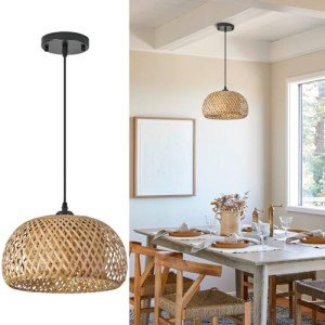 TERLEENART Bamboo Pendant Light,1pcs Boho Round Basket Chandelier Handmade Woven Pendant Light, Natural Bamboo Rattan Hanging Chandelier for Kitchen Island Dining Room Living Room Porch