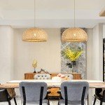 Bamboo Large Plug in Pendant Light with 14ft Handmade Woven Light Cord, Dimmable Switch, Rustic Basket Hanging Lamp for Bedroom Kitchen Island Farmhouse Dining Room Living Room,17.8 inch Width
