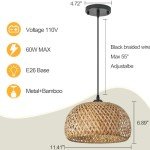 TERLEENART Bamboo Pendant Light,1pcs Boho Round Basket Chandelier Handmade Woven Pendant Light, Natural Bamboo Rattan Hanging Chandelier for Kitchen Island Dining Room Living Room Porch