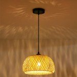TERLEENART Bamboo Pendant Light,1pcs Boho Round Basket Chandelier Handmade Woven Pendant Light, Natural Bamboo Rattan Hanging Chandelier for Kitchen Island Dining Room Living Room Porch